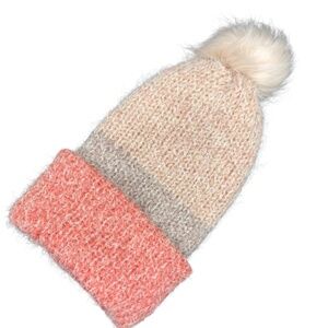 Fuzzy Beanie Super Soft Winter Color Block Knit Hat with Removable Pom Pom